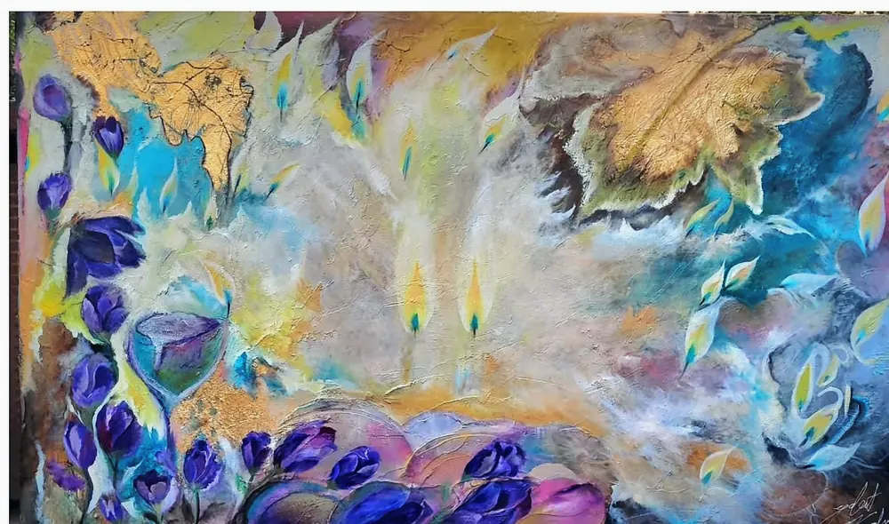 Flame: deep blue blossoms and gold leaves in a soft abstract field