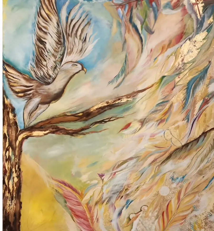 A dove taking flight from a branch, in gold and sand tones