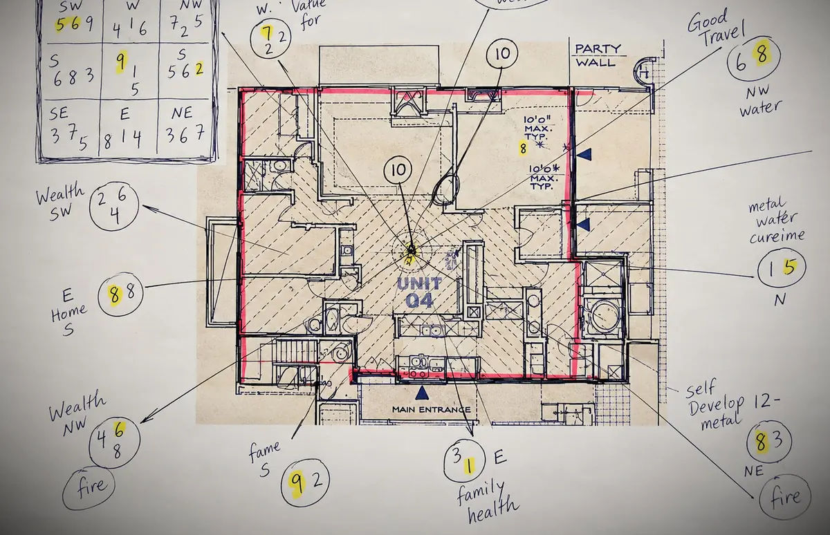 A floor plan annotated by hand with a flying-star chart and direction notes
