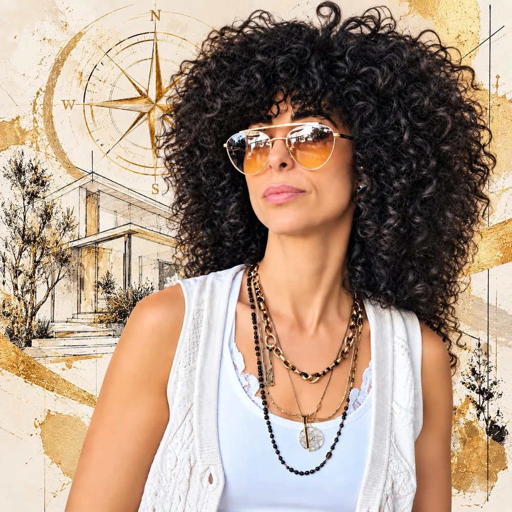 Galeet Gia Zeituny in sunglasses and a white top, in front of a gold compass and a sketch of a house
