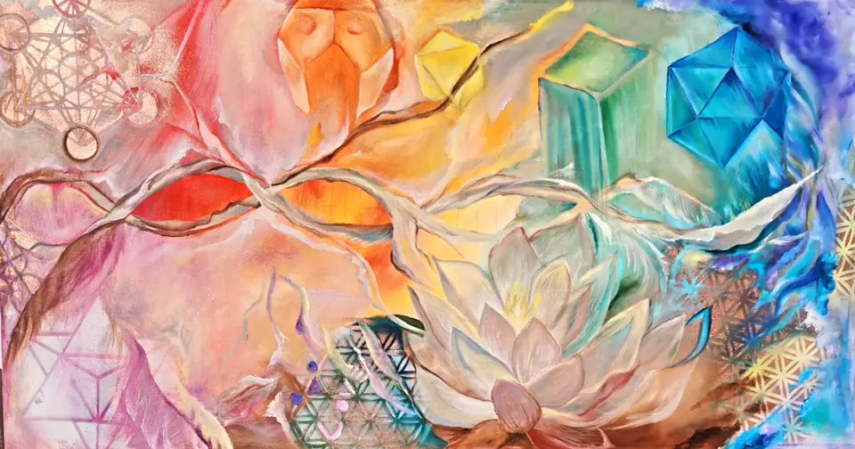 A wide painting of a lotus, crystals and branches in rainbow colors
