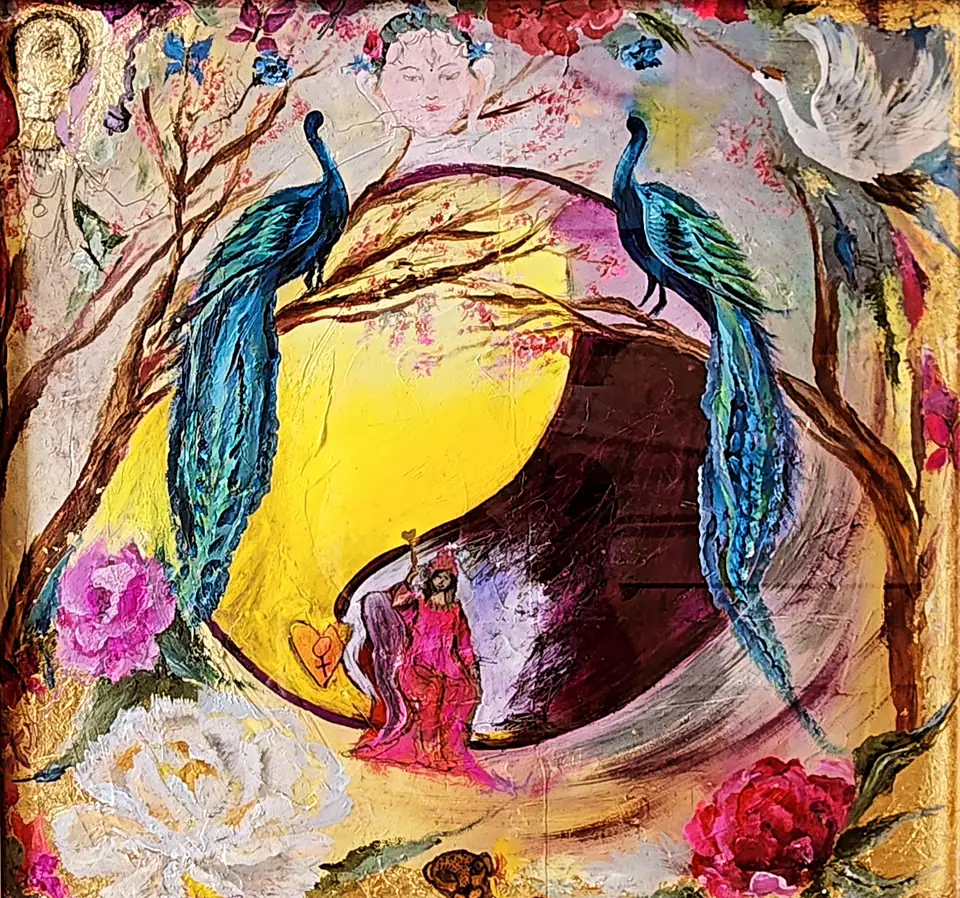 Soul Journey: two peacocks on branches around a golden moon